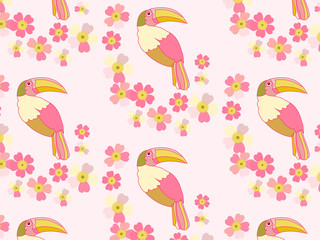 romantic floral background. cartoon Rainbow Toucan bird
