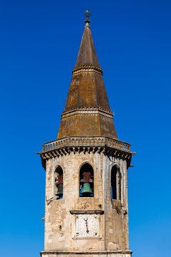 Clock tower of the Church of St. John the Baptist in Tomar, Portugal