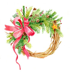 Christmas wreath watercolor illustration winter holidays New Year hand painted clip art red bow