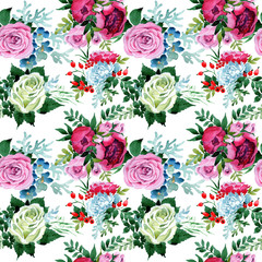 Bouquet flower pattern in a watercolor style. Full name of the plant: rose, peony. Aquarelle wild flower for background, texture, wrapper pattern, frame or border.