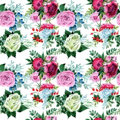Gordijnen Bouquet flower pattern in a watercolor style. Full name of the plant: rose, peony. Aquarelle wild flower for background, texture, wrapper pattern, frame or border. © yanushkov
