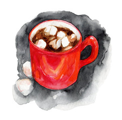Hot chocolate watercolor illustration red mug cup with hot chocolate marshmallow   hand painted illustration winter holidays Christmas New Year