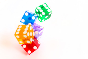 five color dice over white