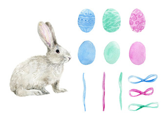Easter rabbit bunny watercolor illustration spring holidays Easter eggs painted eggs clip art set 