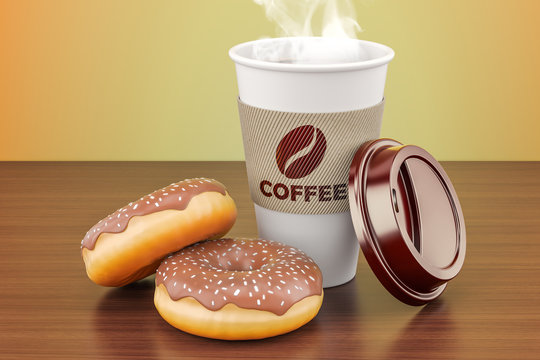 Disposable cup of coffee with chocolate donuts on the wooden table. 3D rendering