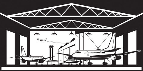 Aircraft hangar at airport - vector illustration - obrazy, fototapety, plakaty