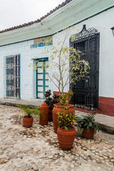 Fototapeta na wymiar Decorative plants at a cobbled street in Sancti Spiritus, Cuba