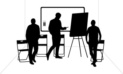 Male silhouettes in the meeting room, going to write on a flip chart 