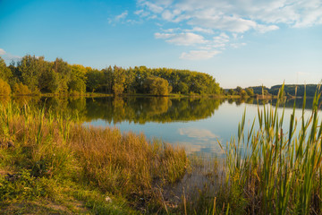 Fototapeta na wymiar Beautiful scenery on the shore of the lake. Beautiful forest pond in Europe.Autumn landscape.
