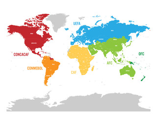 Fototapeta na wymiar Map of world football, or soccer, confederations - CONMEBOL, CONCACAF, CAF, UEFA AFC and OFC