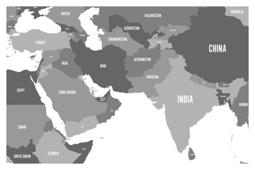 Political map of South Asia and Middle East countries. Simple flat vector map in four shades of grey.