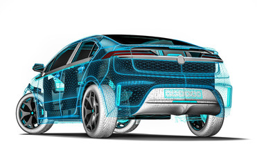wire frame car / 3D render image of a car in wire frame representing developing of the car 