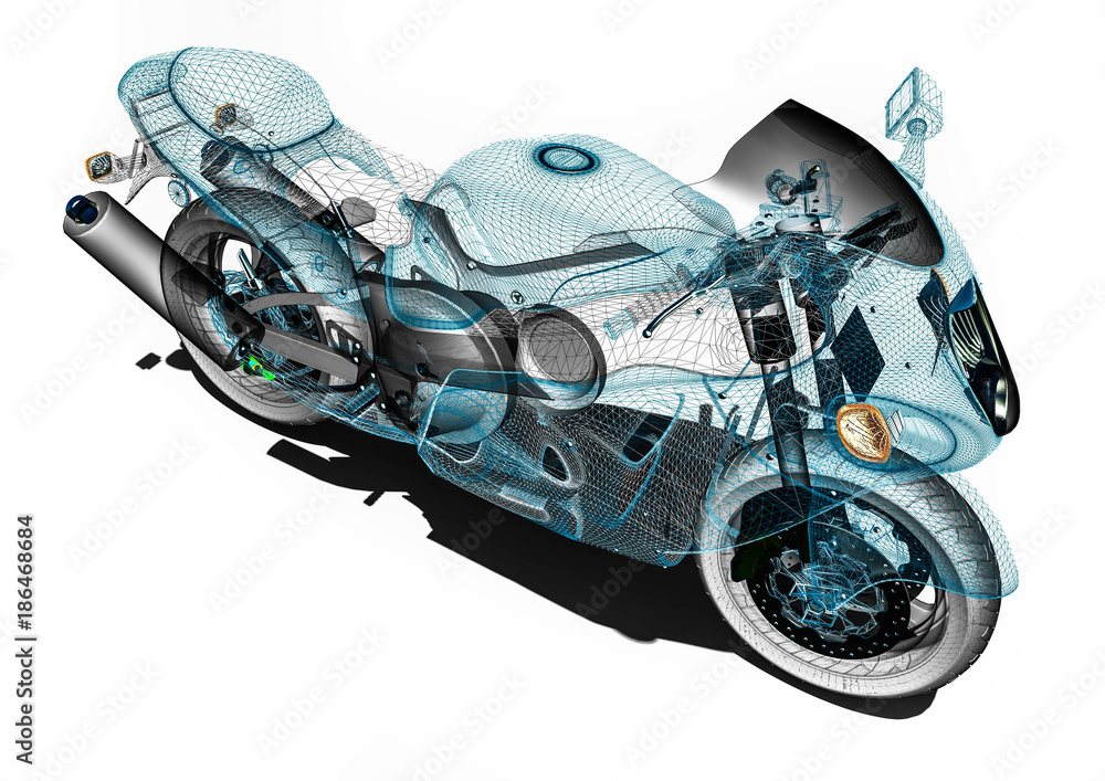 Poster motorcycle development / 3d render image an motorcycle in wireframe representing motorcycle developm