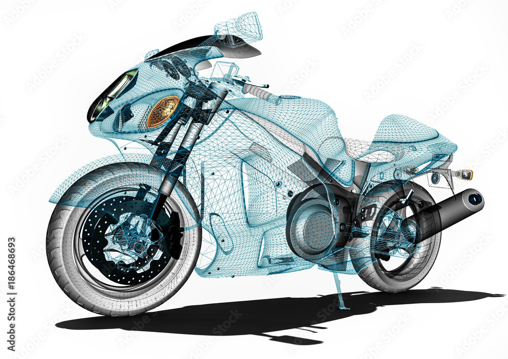 Poster motorcycle development / 3d render image an motorcycle in wireframe representing motorcycle developm