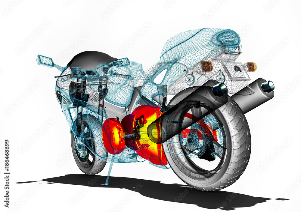 Poster motorcycle development / 3d render image an motorcycle in wireframe representing motorcycle developm