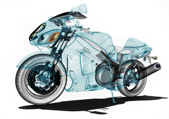 Naklejka premium Motorcycle development / 3D render image an motorcycle in wireframe representing motorcycle development. 