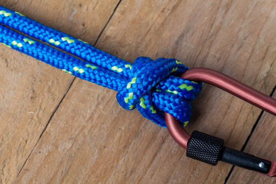 Bull Hitch Knot with Blue Rope on Carabiner Top View