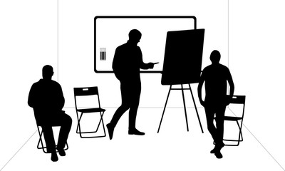 Fototapeta premium Male silhouettes in the meeting room, going to write on a flip chart 