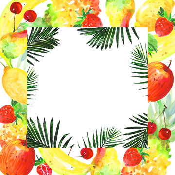 Exotic composition healthy food frame in a watercolor style. Full name of the fruit:apple, pear, cherry, lemon, strawberry. Aquarelle wild fruit for background, texture, wrapper pattern or menu.