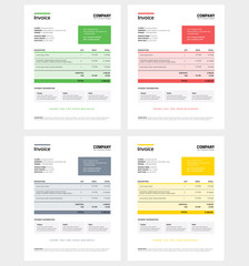 Invoice design template set - business company - green, red, blue color - vector templates