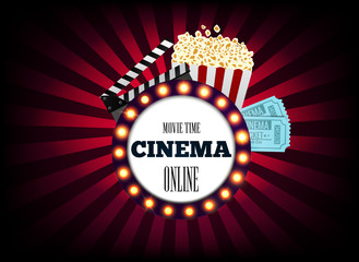 Realistic cinematograph elements of the film industry banner design. Movie Time, online. Popcorn, film strip and tickets. Vector illustration.