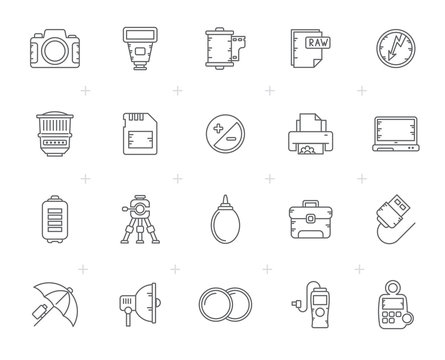 Line Camera equipment and photography icons - Vector Icon Set

