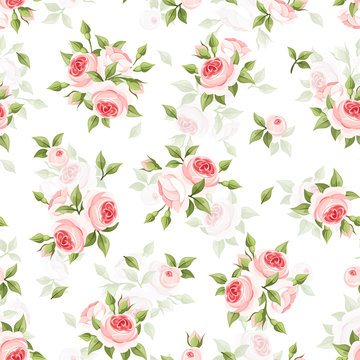 Vector Seamless Pattern With Pink Roses On A White Background.