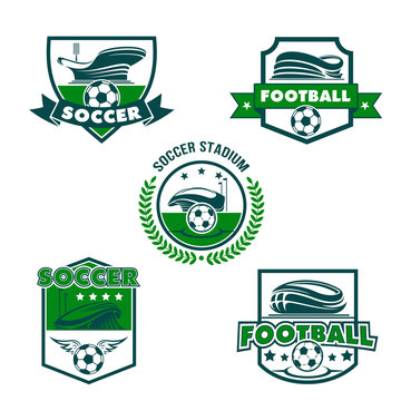 Football stadium with soccer ball shield badge
