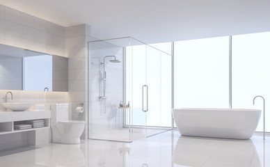 Obraz na płótnie Canvas Modern white bathroom 3d rendering image. There are white tile wall and floor.The room has large windows. Looking out to see the scenery outside.