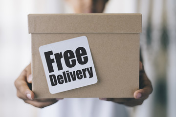 free delivery concept - boy holding brown box with 