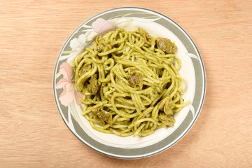 Traditional spaghetti  with clams and pesto 
