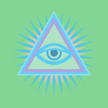 All-Seeing Eye of God (The Eye of Providence | Eye of Omniscience | Luminous Delta | Oculus Dei). Ancient mystical sacral symbol of Illuminati and Freemasonry. — Light-green version.