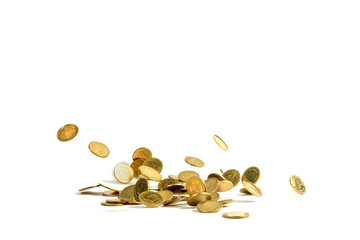 Falling gold coins money isolated on the white background, business concept.