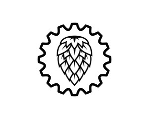 Line Art Gear Factory and Hop Fruits for Make a Wine or Beer Symbol Logo Vector