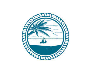 Fototapeta na wymiar Beach with Palm Tree, Flying Bird and Sailboat Symbol Classic Logo Circle Vector