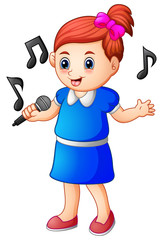 Little girl singing with microphone and music notes