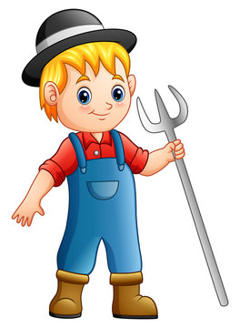 Cartoon boy farmer holding rake