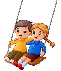 Cartoon kids playing swings on white background