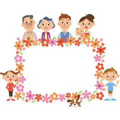 三世代家族と花のフレーム