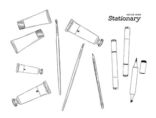 Hand drawn art tools and supplies set. Vector doodle illustration.