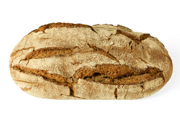 Fresh whole loaf of German sourdough rye bread - high angle view - isolated on white