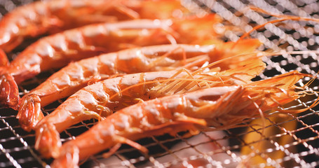 Prawn grilled on barbecue charcoal fire