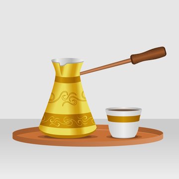 Traditional Turkish Cezve Coffee Pot Brewing Equipment and Fincan Cup on The Circle Serving Tray Vector Illustration for Cafe and Ottoman Turkish Culture and Tradition Related Design