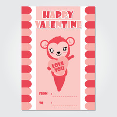 Cute monkey girl brings pink heart vector cartoon illustration for Happy Valentine card design, postcard, and wallpaper