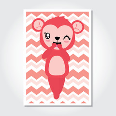 Cute monkey girl on chevron background vector cartoon illustration for Happy Valentine card design, nursery wall, and postcard