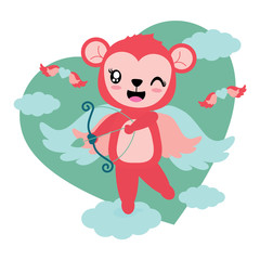 Cute monkey girl brings love arrow as cupid vector cartoon illustration for Happy Valentine card design, postcard, and wallpaper