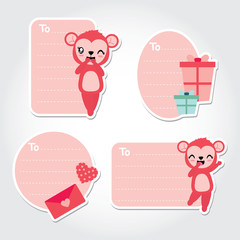 Cute monkey, love letter, and gift boxes vector cartoon illustration for Valentine gift tags design, postcard and sticker set