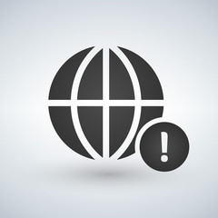 minimal globe icon with exclamation mark in circle, vector illustration