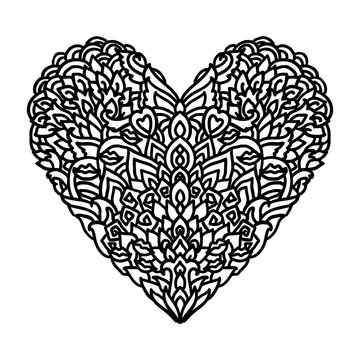 Handdrawn zentangle heart. Mandala style design for St. Valentine day cards. Coloring book pattern. Vector black and white doodle illustration.