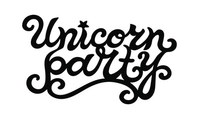 Hand drawn Unicorn Party lettering. Logotype vector illustration. Unicorn Party design element for stick cake toppers/laser cut plastic/wooden toppers. Text for banner, poster, birthday greeting card